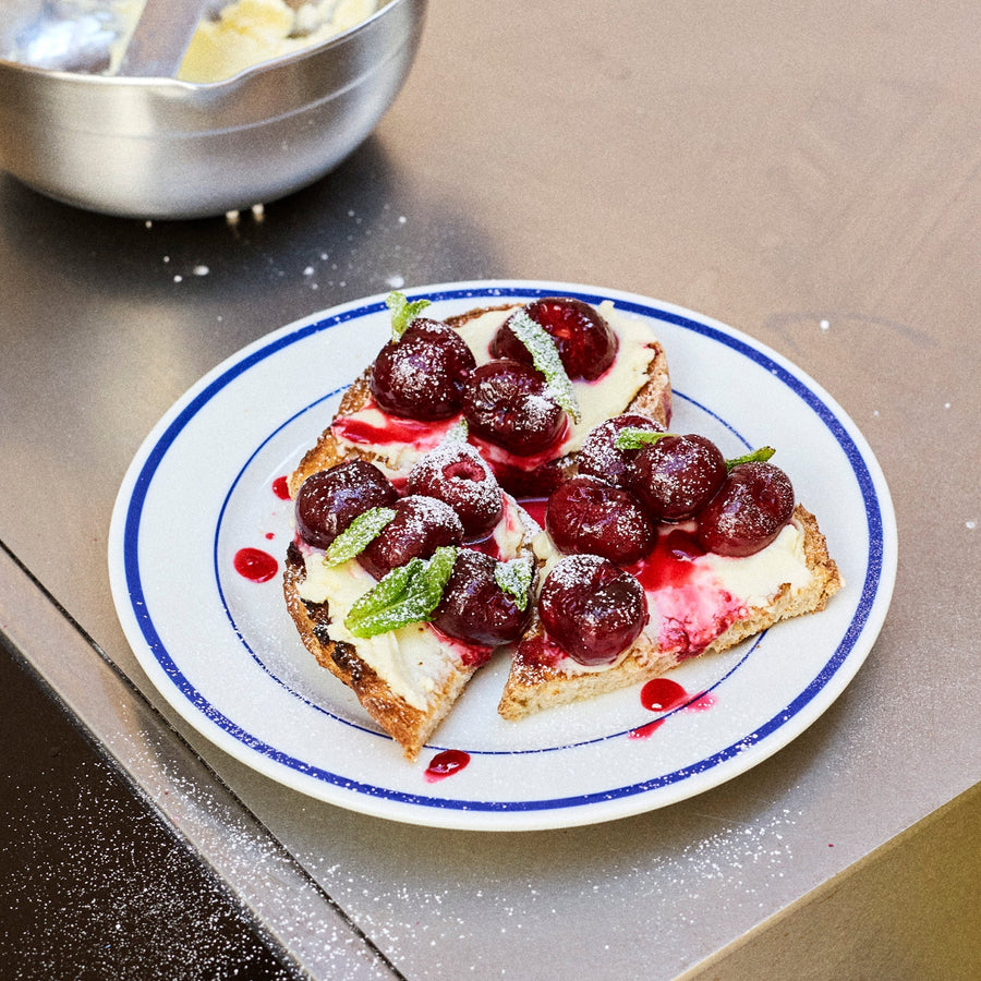 Roasted cherry, mascarpone and basil toasts