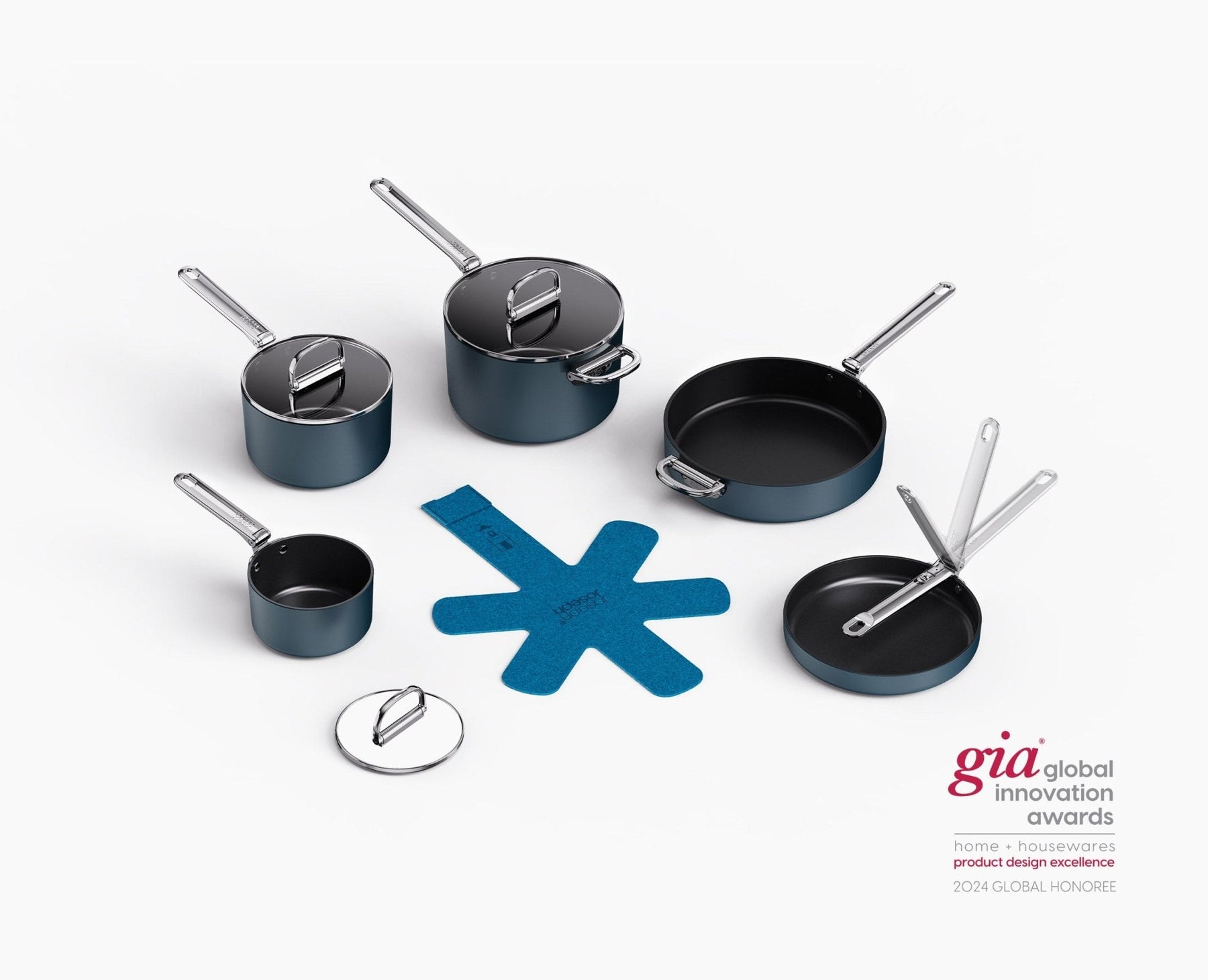 Space Folding Handle Non-Stick 5-Piece Blue Cookware Set